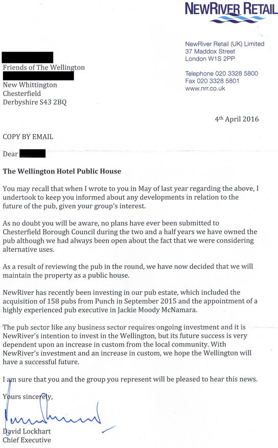 Pub saved letter from New River Retail